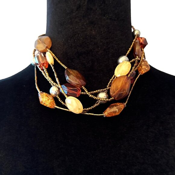 Multi Strand Beaded Necklace Brown Earth Tones - Picture 1 of 3